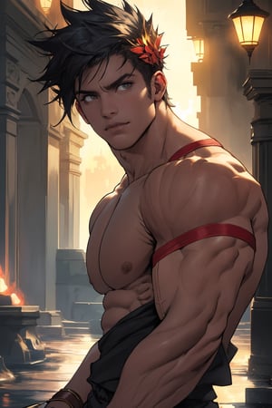 A close-up shot of Zagreus' chiseled face, his piercing eyes fixed intently on the camera as he flexes his massive arms, showcasing bulging biceps and triceps. The warm glow of a sunset-lit chamber illuminates his rugged features, while the dark shadows accentuating his facial definition create a sense of depth.