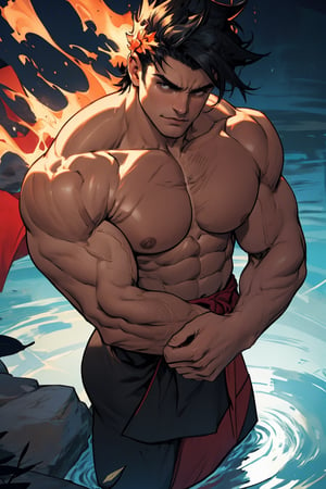 Close-up shot of Zagreus's powerful physique: his chiseled muscles ripple beneath sun-kissed skin as he stands confidently, fists clenched and eyes blazing with intensity. Softly lit from above, the warm glow highlights every contour, emphasizing his imposing build. The dark background provides a striking contrast to his radiant form, drawing attention to his formidable physicality.