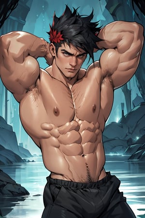 Close-up shot of Zagreus' imposing physique: rippling muscles bulge beneath his dark, scaly skin as he flexes his powerful arms, veins stark against the eerie dim lighting. Shadows dance across his chiseled chest and abs, accentuating his Herculean build in a dark, damp cave-like setting.