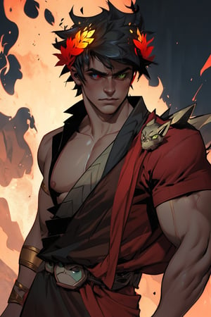 A moody, atmospheric shot of Zagreus, a young boy with striking features, wears a laurel crown atop his jet-black hair. His eyes, a mesmerizing display of heterochromia, gleam in the dim light: the left eye shines bright green, while the right eye burns with a fiery red intensity. Muscular and imposing, Zagreus's physique is accentuated by the dramatic shadows cast upon him, as if the very darkness itself has coalesced around his powerful form.