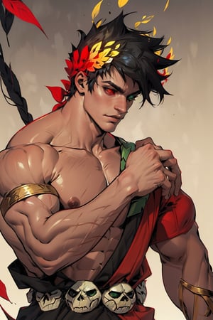 zagreus, laurel crown, 1boy, male focus, black hair, colored sclera, skull, heterochromia, left eye green, right eye red, muscular, muscular_body, muscles, buff, muscle, big_muscle, large_muscles, Single bare shoulders, Laurel crown 