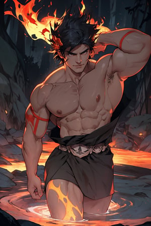 A close-up shot of Zagreus, a powerful demon with a massive, imposing physique, his large muscles rippling beneath his dark, scaly skin as he flexes his arm, the lighting casting deep shadows on his face and highlighting the sharp contours of his features. The background is a dark, eerie abyss, with faint, flickering flames dancing in the distance.