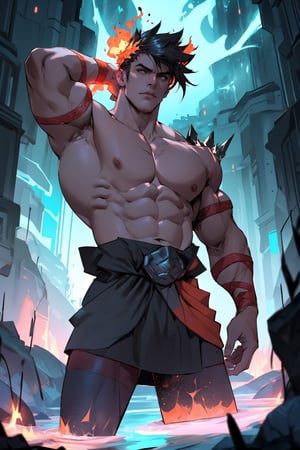 Zagreus stands imposingly, filling the frame with his rugged physique. His muscular arms flex around the gleaming sword, veins prominent beneath scaly skin. In the background, the fiery underworld pit glows with an ominous orange light, casting a warm yet foreboding ambiance on his powerful form as he commands attention.