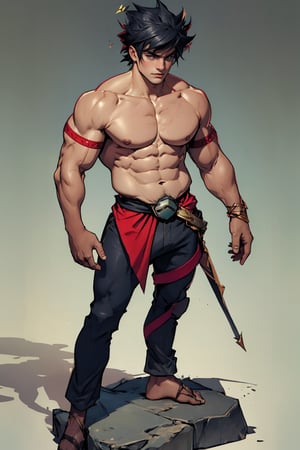 Zagreus standing with a very muscular body shape