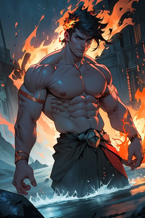 A close-up shot of Zagreus, a powerful demon with a massive, imposing physique, his large muscles rippling beneath his dark, scaly skin as he flexes his arm, the lighting casting deep shadows on his face and highlighting the sharp contours of his features. The background is a dark, eerie abyss, with faint, flickering flames dancing in the distance.