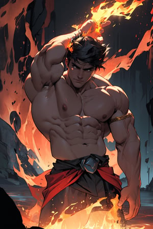 A close-up shot of Zagreus, a powerful demon with a massive, imposing physique, his large muscles rippling beneath his dark, scaly skin as he flexes his arm, the lighting casting deep shadows on his face and highlighting the sharp contours of his features. The background is a dark, eerie abyss, with faint, flickering flames dancing in the distance.