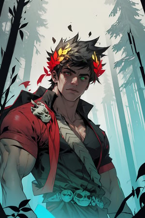 A dark and mystical forest setting, with misty fog swirling around ancient trees. Zagreus, a powerful and muscular boy with jet-black hair, wears a laurel crown atop his skull. His eyes are a striking feature, with the left eye glowing bright green and the right eye burning fiery red due to heterochromia. The camera frames him from below, emphasizing his imposing figure as he stands tall amidst the eerie atmosphere.