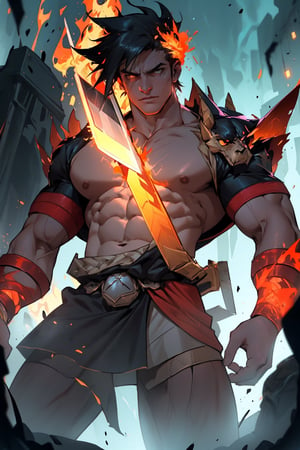 Zagreus stands imposingly, filling the frame with his rugged physique. His muscular arms flex around the gleaming sword, veins prominent beneath scaly skin. In the background, the fiery underworld pit glows with an ominous orange light, casting a warm yet foreboding ambiance on his powerful form as he commands attention.