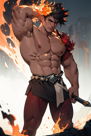 Close-up shot of Zagreus standing tall, massive muscular physique dominating frame. He grips gleaming sword, veins bulging beneath skin-tight scales as he flexes chiseled arms. Fiery pit underworld glows in BG, casting ominous orange hue over powerful form.