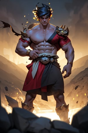 Close-up shot of Zagreus' chiseled physique, showcasing his defined muscles as he stands confidently with feet shoulder-width apart. Strong lighting accentuates the contours of his chest and arms, casting a warm glow on his rugged features. The background is blurred, focusing attention solely on the powerful demon's imposing presence.