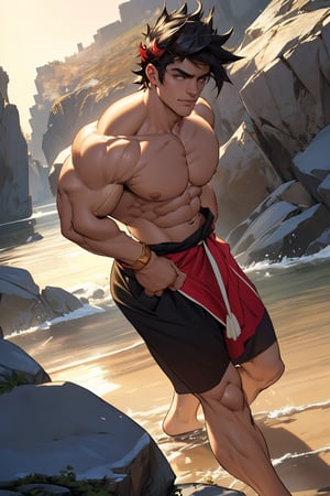 Close-up shot of Zagreus's chiseled physique, showcasing his broad chest, bulging biceps, and powerful shoulders, all exposed and gleaming in the warm golden light. The camera frames his muscular form against a neutral background, emphasizing the contours of his body as he stands confidently with his weight evenly distributed on both feet.