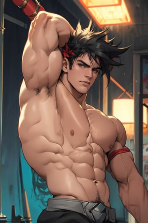 Close-up shot of Zagreus' chiseled physique, highlighting his impressive muscular development as he flexes his bulging biceps and triceps. Strong lighting accentuates the definition in his massive pectorals and lats, casting a dramatic shadow on his chest. The camera captures every detail of his rugged features, from his sharp jawline to his piercing gaze. Background blurred, focusing attention solely on Zagreus' powerful physique.