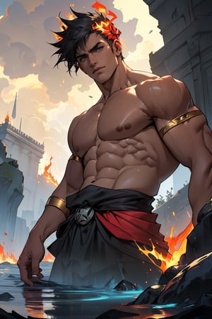 A dynamic portrait of Zagreus, the fiery god of the underworld, showcases his chiseled physique in a bold, cinematic framing. The camera captures his imposing figure from the waist up, highlighting the ripple of muscles beneath his bronzed skin as he stands triumphant, arms akimbo. Golden light casts a warm glow, emphasizing the contours of his broad shoulders and defined biceps. In the background, a fiery inferno crackles, while the dark silhouette of a castle looms, hinting at Zagreus' dominion over the underworld.