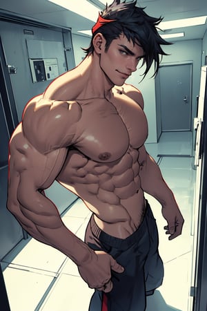 Close-up shot of Zagreus standing confidently, showcasing his chiseled muscular physique from multiple angles. Harsh overhead lighting accentuates the definition in his broad shoulders and powerful chest, while a subtle warm glow highlights the contours of his six-pack abs. He stands proud, feet shoulder-width apart, with a slight smirk on his face, radiating confidence and power.