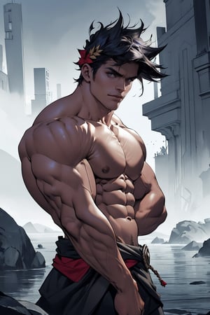 Close-up shot of Zagreus's imposing physique, showcasing his chiseled muscles as he stands confidently, his gaze fixed on the horizon. Strong lighting highlights the definition in his biceps and pectorals, while shadows accentuate the contours of his chest. The composition is centered around Zagreus, with a subtle gradient of blues and purples in the background, evoking a sense of mystery.