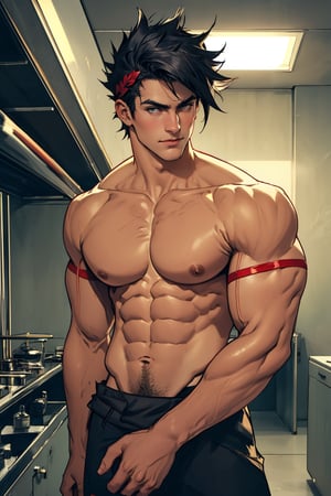 Close-up shot of Zagreus standing confidently, showcasing his chiseled muscular physique from multiple angles. Harsh overhead lighting accentuates the definition in his broad shoulders and powerful chest, while a subtle warm glow highlights the contours of his six-pack abs. He stands proud, feet shoulder-width apart, with a slight smirk on his face, radiating confidence and power.