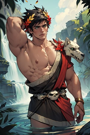 A mythological figure Zagreus, adorned with a laurel crown, stands confidently in the frame. A single, strong-shouldered male gazes directly, his black hair cascading down his muscular back. His heterochromatic eyes, left green and right red, gleam with intensity. Muscles bulge beneath his buff physique, accentuated by his exposed shoulders. The laurel wreath rests atop his skull, a symbol of triumph and wisdom.