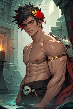 In a dimly lit, mystical chamber, Zagreus, the boy with black hair and heterochromia, wears a laurel crown atop his skull. His left eye gleams green, while his right eye shines red, as if lit by an inner fire. Muscular shoulders bare to the air, highlighting his buff physique. The single, exposed shoulder blade serves as a focal point for his rugged, athletic build, drawing attention to his impressive muscles.