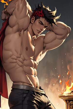 A close-up shot of Zagreus, a formidable demon with a chiseled, muscular physique, illuminated by soft golden light that accentuates his defined abs and bulging biceps. His piercing red eyes seem to burn with an inner fire as he flexes his massive arms, the camera angled to emphasize his powerful physique.