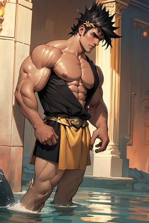 Golden-hued lighting bathes Zagreus' chiseled physique, highlighting his broad chest, bulging biceps, and powerful shoulders. The camera zooms in on his muscular form, framing it against a neutral background to emphasize the contours of his body as he stands confidently with feet shoulder-width apart.