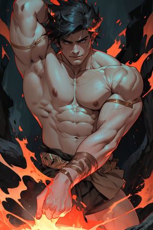 A close-up shot of Zagreus, a powerful demon with a massive, imposing physique, his large muscles rippling beneath his dark, scaly skin as he flexes his arm, the lighting casting deep shadows on his face and highlighting the sharp contours of his features. The background is a dark, eerie abyss, with faint, flickering flames dancing in the distance.