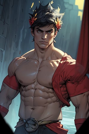 In a dimly lit atmosphere, Zagreus stands majestically, his chiseled physique radiating confidence as the dramatic lighting accentuates his defined abs and broad shoulders. The overhead camera angle captures his powerful stance, casting a warm glow on his muscular form.