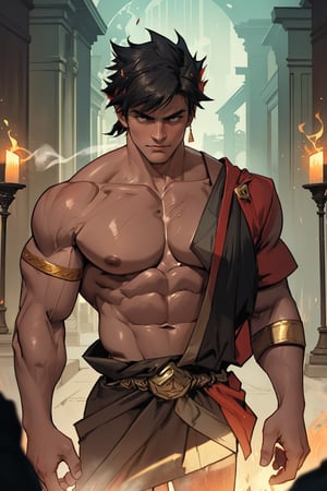 Zagreus stands confidently, his massive physique dominating the darkened temple's dimly lit chamber. Framed by shadows, his broad shoulders and powerful arms accentuate his imposing stature. Torchlight dances across his chiseled chest and defined abs, casting a faint glow on his bronzed skin. Ancient incense wafts through the air as he casts an unyielding glare, his piercing gaze commanding attention amidst the temple's mystique.