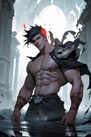 A dynamic depiction of Zagreus, the Hades-like protagonist from the popular game Hades, showcases his imposing physique. In a bold composition, Zagreus stands proudly in the foreground, his chiseled muscles rippling beneath his skin as he flexes, showcasing his impressive biceps and triceps. The warm glow of divine light illuminates his rugged features, casting a heroic silhouette against a dark, mystical backdrop, where ancient ruins or eerie fog swirls evoke an atmosphere of otherworldly power.