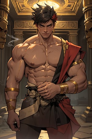 Zagreus stands confidently, his massive physique dominating the darkened temple's dimly lit chamber. Framed by shadows, his broad shoulders and powerful arms accentuate his imposing stature. Torchlight dances across his chiseled chest and defined abs, casting a faint glow on his bronzed skin. Ancient incense wafts through the air as he casts an unyielding glare, his piercing gaze commanding attention amidst the temple's mystique.