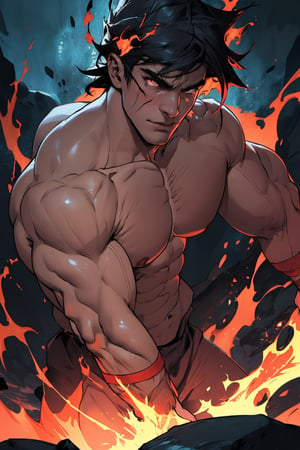 A close-up shot of Zagreus, a powerful demon with a massive, imposing physique, his large muscles rippling beneath his dark, scaly skin as he flexes his arm, the lighting casting deep shadows on his face and highlighting the sharp contours of his features. The background is a dark, eerie abyss, with faint, flickering flames dancing in the distance.