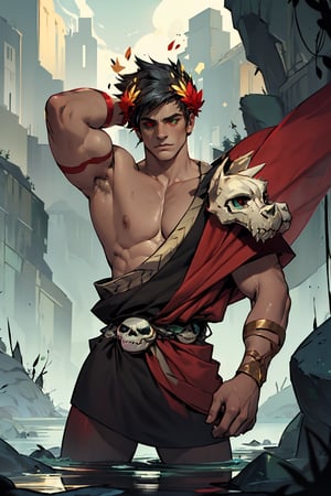 A majestic pose of Zagreus, the god with a laurel crown adorning his dark hair, sets against a dramatic backdrop. One boy, focused solely on Zagreus, gazes up at him with an otherworldly intensity. The subject's heterochromia is striking, as his left eye shines bright green and his right eye burns fiery red. His muscular physique is accentuated by the absence of clothing above the waist, showcasing a chiseled chest and broad shoulders. The laurel crown frames his skull, adding to the mystique of this powerful figure.