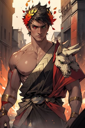 A dramatic shot of Zagreus, adorned with a laurel crown, standing proudly with his strong, muscular physique on full display. His black hair falls across his chiseled face, where his eyes take center stage - the left eye a vibrant green, the right a deep red, a striking heterochromia that draws the viewer in. The camera frames him from the shoulders up, highlighting his impressive muscles and buff physique, as he gazes intently with one bare shoulder exposed, the laurel crown adding an air of mystique to his powerful presence.