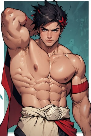 Zagreus with large muscular body shape without clothing on his chest, shoulders and arms