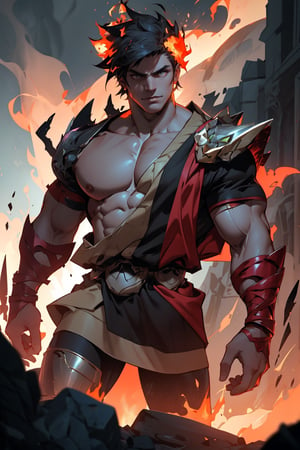 Zagreus stands imposingly, filling the frame with his rugged physique. His muscular arms flex around the gleaming sword, veins prominent beneath scaly skin. In the background, the fiery underworld pit glows with an ominous orange light, casting a warm yet foreboding ambiance on his powerful form as he commands attention.