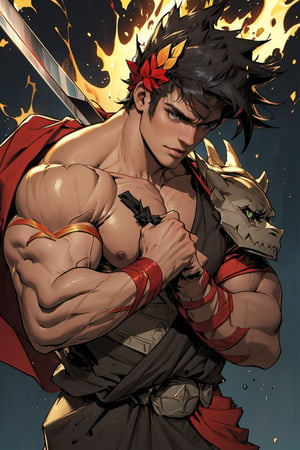 Close-up shot of Zagreus's imposing figure, his broad shoulders and powerful physique dominating the frame. Strong lighting accentuates the definition in his muscles as he stands confidently, one hand resting on the hilt of his sword. The dark background allows his bold features to take center stage, emphasizing his rugged charm.