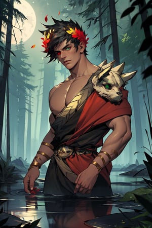 A striking tableau! Within a dimly lit, mystical forest glade, Zagreus, a powerful male figure, stands tall. He wears a majestic laurel crown, its leaves and berries glistening in the faint moonlight. His jet-black hair falls to his broad shoulders, framing his chiseled features. The left eye shines with an emerald green light, while the right eye glows like polished crimson rubies, a testament to his unique heterochromia. Muscles ripple beneath his bronzed skin, showcasing his impressive physique. A single bare shoulder is exposed, emphasizing his rugged strength as he stands victorious, laurel crown askew, amidst the whispering foliage.