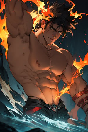 A close-up shot of Zagreus, a powerful demon with a massive, imposing physique, his large muscles rippling beneath his dark, scaly skin as he flexes his arm, the lighting casting deep shadows on his face and highlighting the sharp contours of his features. The background is a dark, eerie abyss, with faint, flickering flames dancing in the distance.