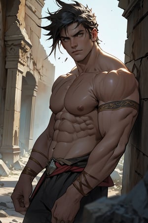 A close-up shot of Zagreus' chiseled physique, highlighting his robust muscles as he stands confidently in a dimly lit, ancient ruin. His rugged features and piercing gaze are framed by crumbling stone walls, while the flickering torchlight casts long shadows across his powerful form.