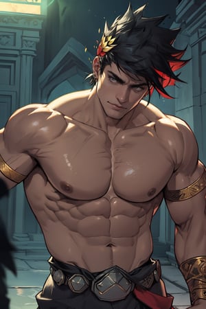 Zagreus stands confidently, his massive physique dominating the darkened temple's dimly lit chamber. His broad shoulders and powerful arms are accentuated by the shadows, while his chiseled chest and defined abs seem to gleam in the faint torchlight. The air is thick with ancient incense as Zagreus' piercing gaze casts an unyielding glare, his presence commanding attention.