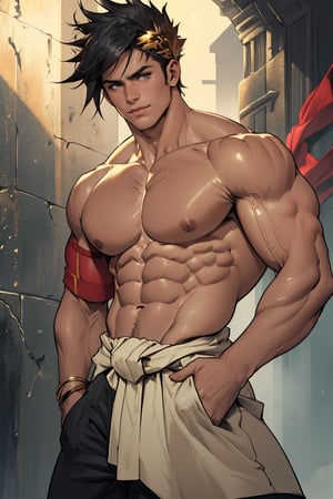 Close-up shot of Zagreus from the waist up, showcasing his incredibly toned and muscular physique. His broad shoulders and chest are accentuated by a subtle golden glow, highlighting the definition of his biceps and triceps. A faint smile plays on his lips as he confidently stands with feet shoulder-width apart, exuding a sense of strength and power.