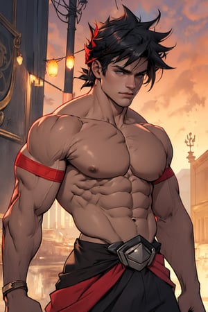 Zagreus standing with a very muscular body shape