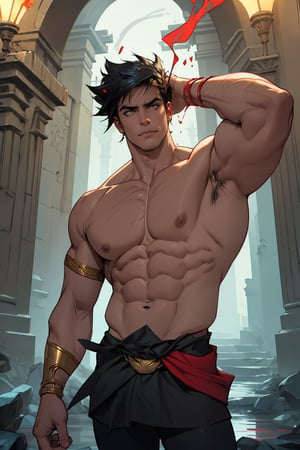 Zagreus stands confidently, massive physique dominating darkened temple's dimly lit chamber, broad shoulders and powerful arms accentuated by shadows, chiseled chest and defined abs seeming to gleam in faint torchlight. Framed by ornate stone columns, Zagreus' piercing gaze casts unyielding glare, commanding attention as ancient incense wafts through air, enveloping the scene in mystique.