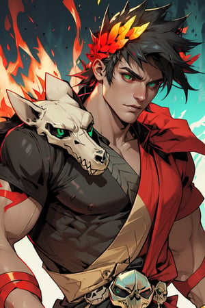 A close-up shot of Zagreus, a powerful and mysterious individual, adorned with a laurel crown, as he stands confidently. His jet-black hair is slicked back, highlighting the striking heterochromia of his eyes: the left eye gleams emerald green, while the right eye blazes fiery red. The skull-like features are accentuated by a subtle, eerie glow. A strong, muscular physique is evident beneath his attire, exuding an aura of dominance.