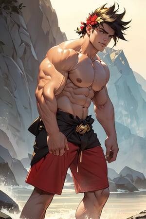 Close-up shot of Zagreus's chiseled physique, showcasing his broad chest, bulging biceps, and powerful shoulders, all exposed and gleaming in the warm golden light. The camera frames his muscular form against a neutral background, emphasizing the contours of his body as he stands confidently with his weight evenly distributed on both feet.