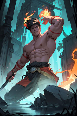 Zagreus stands imposingly, filling the frame with his rugged physique. His muscular arms flex around the gleaming sword, veins prominent beneath scaly skin. In the background, the fiery underworld pit glows with an ominous orange light, casting a warm yet foreboding ambiance on his powerful form as he commands attention.