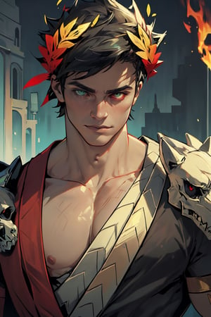 A striking figure emerges against a dark background. Zagreus, the crowned one, stands tall with a laurel wreath adorning his head. A single-shouldered, muscular physique fills the frame. Black hair falls to his shoulders, framing his strong features. His eyes, a unique feature of heterochromia, gleam in the dim light: left eye shines bright green, while right eye blazes with fiery red. The skull-like pallor of his skin adds an eerie tone to the scene. A testament to his physical prowess, large muscles ripple beneath his skin, a true marvel of male strength.