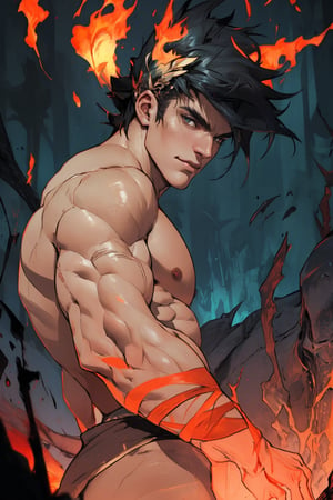 A close-up shot of Zagreus, a powerful demon with a massive, imposing physique, his large muscles rippling beneath his dark, scaly skin as he flexes his arm, the lighting casting deep shadows on his face and highlighting the sharp contours of his features. The background is a dark, eerie abyss, with faint, flickering flames dancing in the distance.