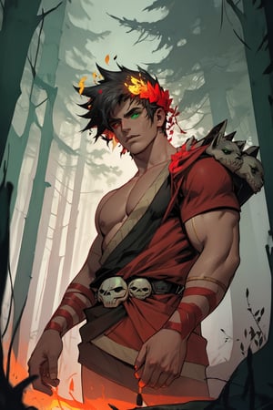 A dark and mystical forest setting, with misty fog swirling around ancient trees. Zagreus, a powerful and muscular boy with jet-black hair, wears a laurel crown atop his skull. His eyes are a striking feature, with the left eye glowing bright green and the right eye burning fiery red due to heterochromia. The camera frames him from below, emphasizing his imposing figure as he stands tall amidst the eerie atmosphere.