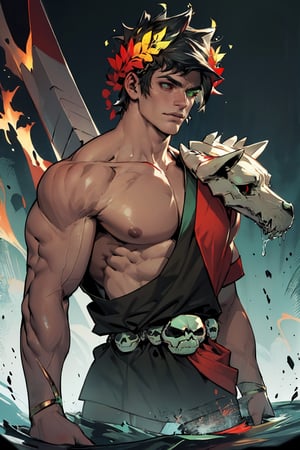 A striking figure emerges against a dark background. Zagreus, the crowned one, stands tall with a laurel wreath adorning his head. A single-shouldered, muscular physique fills the frame. Black hair falls to his shoulders, framing his strong features. His eyes, a unique feature of heterochromia, gleam in the dim light: left eye shines bright green, while right eye blazes with fiery red. The skull-like pallor of his skin adds an eerie tone to the scene. A testament to his physical prowess, large muscles ripple beneath his skin, a true marvel of male strength.