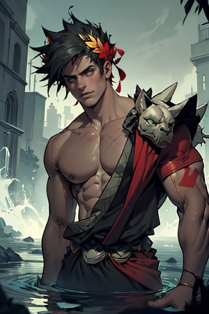 A dark and moody atmosphere surrounds Zagreus, a powerful male figure with striking heterochromatic eyes. His black hair falls like a curtain around his chiseled features as he proudly wears a laurel crown on his single, exposed shoulder. The left eye gleams green, while the right eye burns red, drawing attention to his sculpted muscles and buff physique. The camera zooms in on Zagreus's imposing figure, highlighting the definition of his large muscles as they ripple beneath his skin.